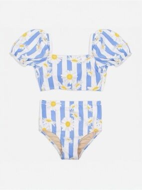 Shade Critters Blue White Daisy Stripe Puff Sleeve High Waist Bikini Girls 3T